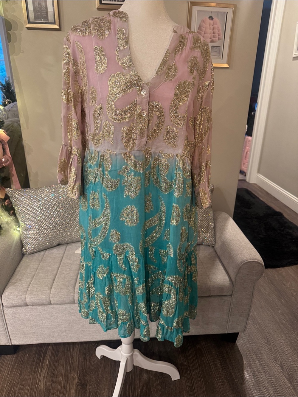 Pink and Teal Metallic Paisley Tiered Dress